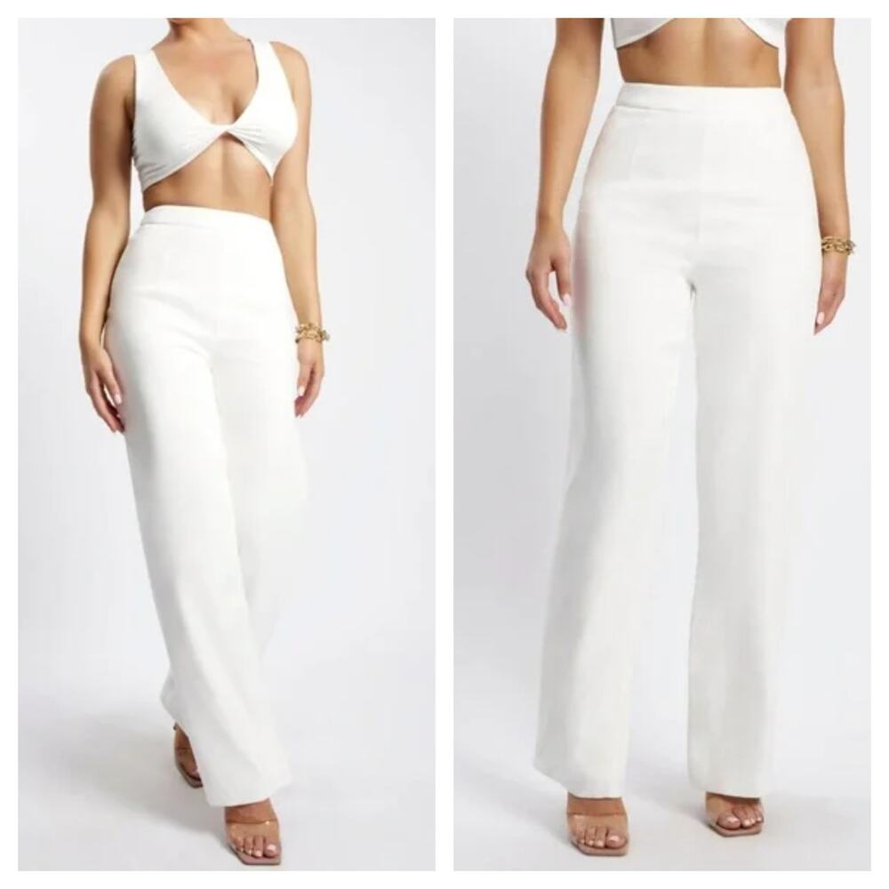 [Meshki] White Saskia High Rise Wide Leg Satin Trouser Pants Bridal Size Small S